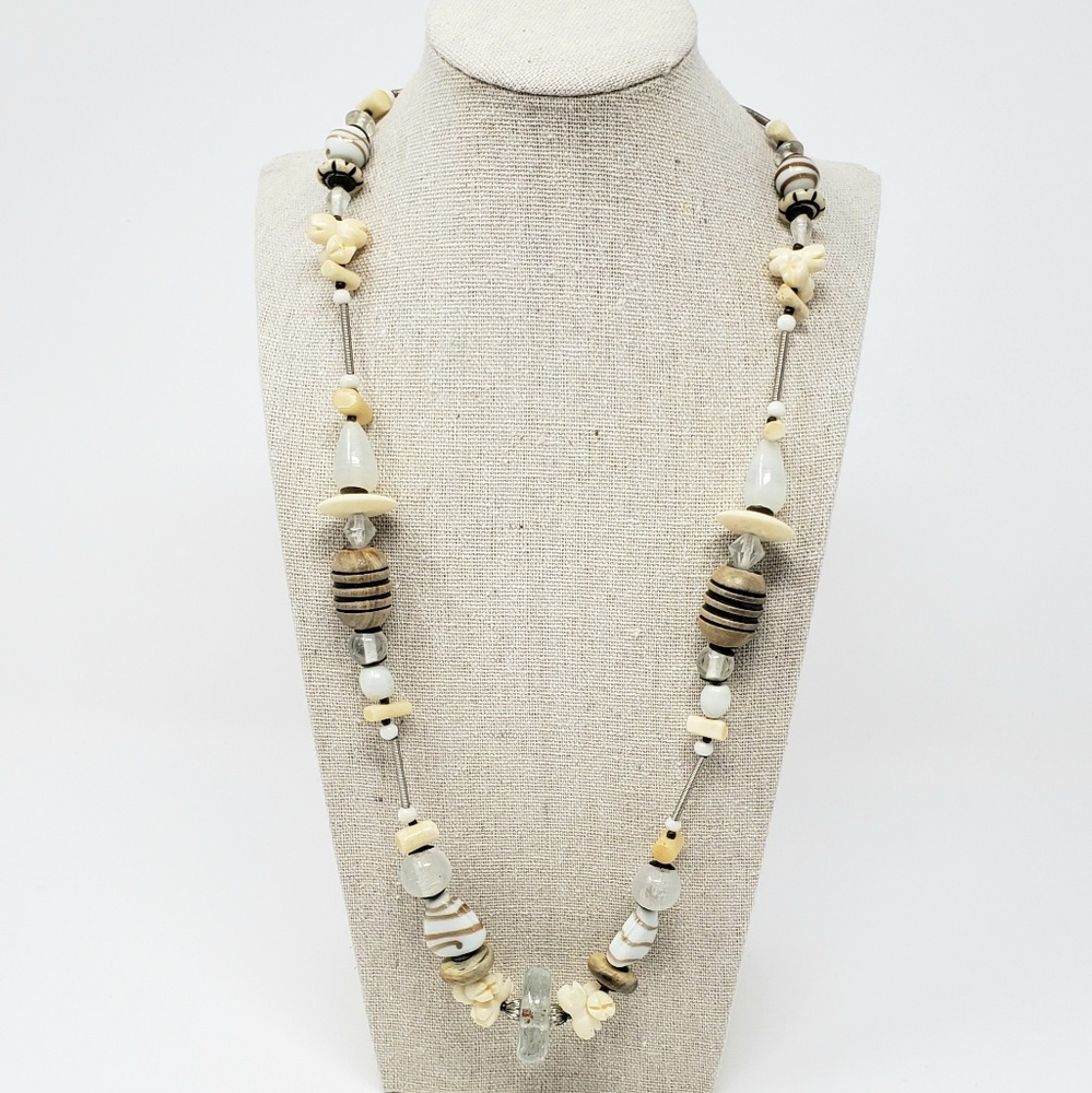 Earthy Boho Wood and Glass Bead Necklace